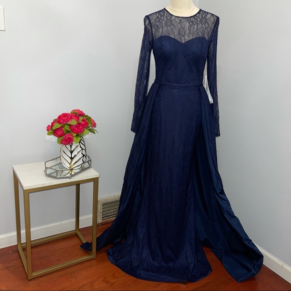 # Mac Duggal Long Sleeve Lace Column Gown With Overskirt - Picture 5 of 16